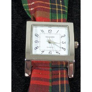 Kessaris White Dial Silver Tone Case Christmas Red Green Cloth Band Watch 7.5 In